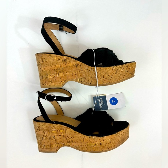 Universal Threads Millie Black Fabric Platform Cork Wedge Wrap Ankle - Picture 3 of 14